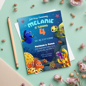 May include: A colorful invitation with the text "Just Keep Swimming... MELANIE IS TURNING 4" features cartoon characters from the movie "Finding Nemo." The invitation includes the date, time, and location of the party.