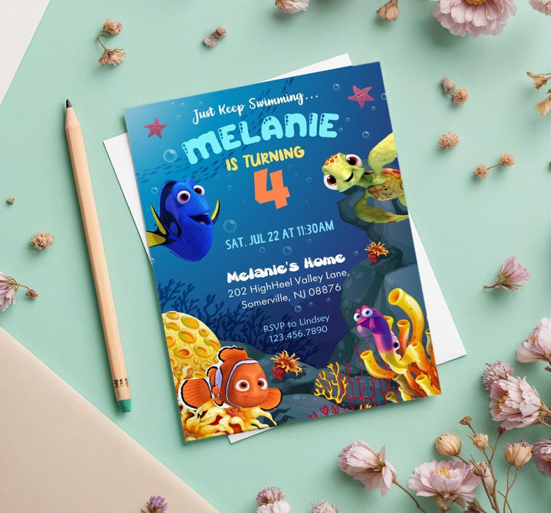May include: A colorful invitation with the text "Just Keep Swimming... MELANIE IS TURNING 4" features cartoon characters from the movie "Finding Nemo." The invitation includes the date, time, and location of the party.