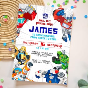 Afdrukbare reddingsbots verjaardagsuitnodiging, Optimus Prime uitnodiging, Autobots-feestuitnodiging, hommeluitnodiging, transformatorenfeest