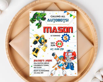 Invitación de cumpleaños imprimible, invitación de cumpleaños de los autobots, invitación editable de los rescue bots, descarga instantánea / fiesta de cumpleaños de transformers