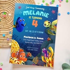May include: A colorful birthday party invitation featuring characters from the movie "Finding Nemo." The invitation is blue and includes the text "Just Keep Swimming... MELANIE IS TURNING 4." It also includes the date, time, and location of the party.