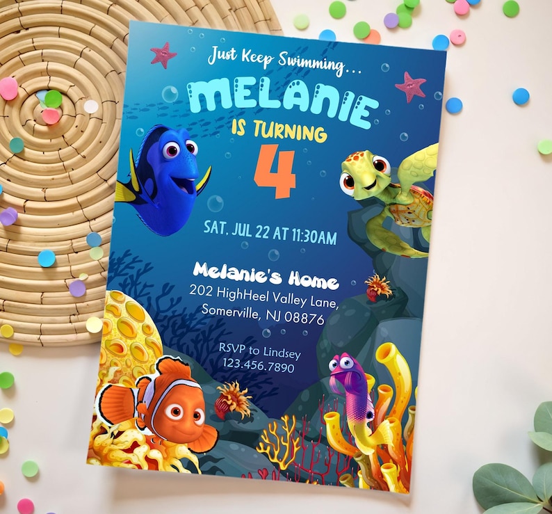 May include: A colorful birthday party invitation featuring characters from the movie "Finding Nemo." The invitation is blue and includes the text "Just Keep Swimming... MELANIE IS TURNING 4." It also includes the date, time, and location of the party.