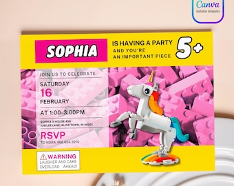 Building blocks invitation, Building blocks invite, printable editable unicorn invitation template, invite template, 1st 2nd 3rd girl bday