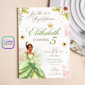May include: A princess-themed birthday invitation with the text "Join Us for a Royal Celebration". The invitation features a cartoon princess in a green dress, floral accents, and the text "Elithabeth is turning 5".