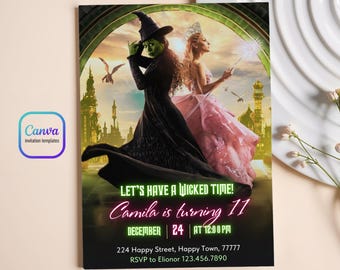 Wicked verjaardagsuitnodiging, bewerkbare sjabloon, Glinda & Elphaba, Wicked Movie Party Invite, afdrukbare uitnodiging, uitnodigingssjabloon