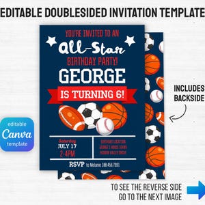 Printable sports invitation, editable sport invite template, Baseball birthday, Basketball bday, Soccer party, Football invite, All Star