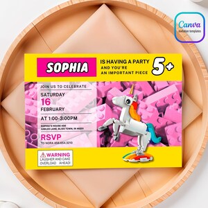 May include: A yellow and pink birthday party invitation featuring a white unicorn made of Lego bricks. The invitation reads "Sophia is having a party and you're an important piece" and "5+". The date is Saturday, 16th February at 1:00-3:00 PM. The address is Sophia's House 456, Jubilee Lane, Bliss Town, IN 46201. The RSVP information is to Nora at 456.654.3210. There is a warning that says "Laughter and cake overload ahead!"