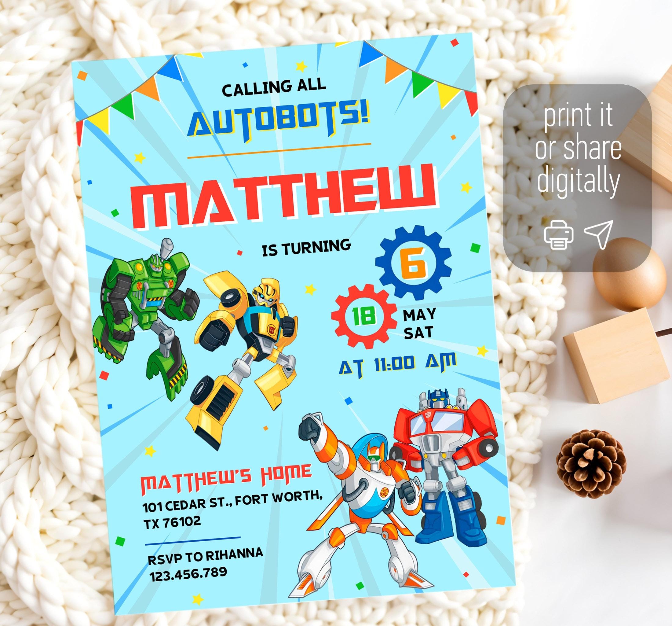 Printable Birthday Invitation, Autobots Boy Birthday Invite, Editable ...