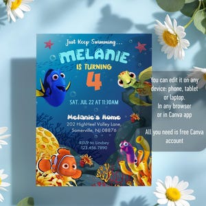 May include: An invitation with an underwater theme featuring cartoon characters. The invitation reads "Melanie is turning 4" with the date and time of the party. The design includes a blue background with coral, fish, and the text "Just Keep Swimming".