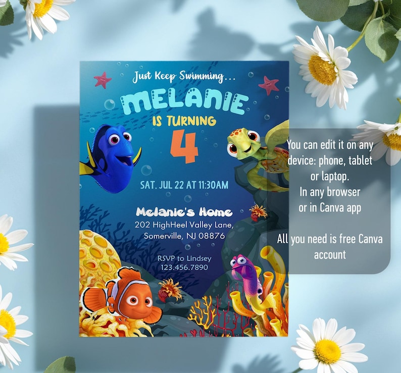 May include: An invitation with an underwater theme featuring cartoon characters. The invitation reads "Melanie is turning 4" with the date and time of the party. The design includes a blue background with coral, fish, and the text "Just Keep Swimming".