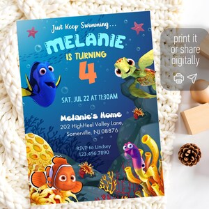 May include: A colorful birthday party invitation featuring cartoon sea creatures. The invitation reads "Melanie is turning 4" with the date and time of the party. The design includes a blue background with coral and fish.