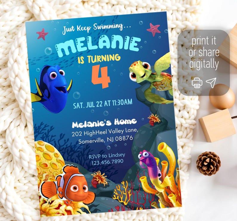 May include: A colorful birthday party invitation featuring cartoon sea creatures. The invitation reads "Melanie is turning 4" with the date and time of the party. The design includes a blue background with coral and fish.