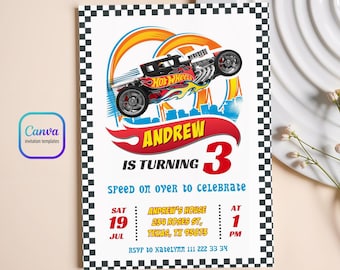 Cars birthday invitation, hot racing invite, wheels invitation, boy birthday party invitation template, printable editable evite