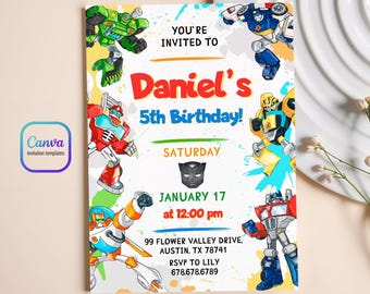 Printable Birthday Invitation, autobots boy birthday invite, editable rescue bots invitation, Instant Download | transformers birthday party