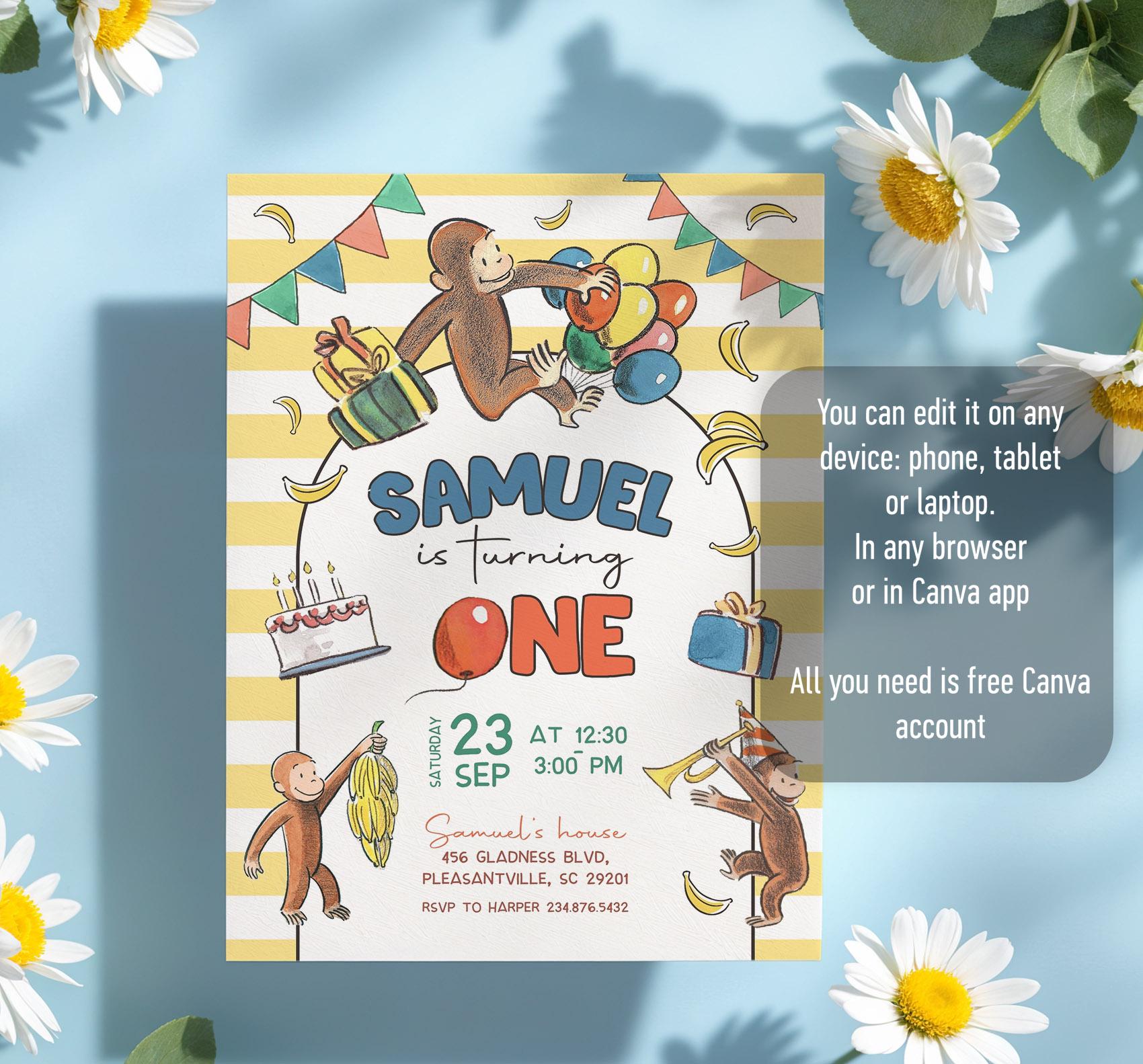 George Michael Invitation Curious George Birthday Invitation, Printable Monkey Invite, Ape Invite ...