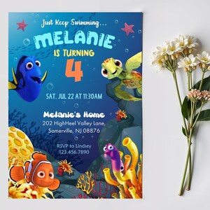 May include: A colorful invitation featuring characters from the movie "Finding Nemo." The invitation reads "Melanie is turning 4" with the date and time of the party. The design includes illustrations of fish, a sea turtle, and coral.