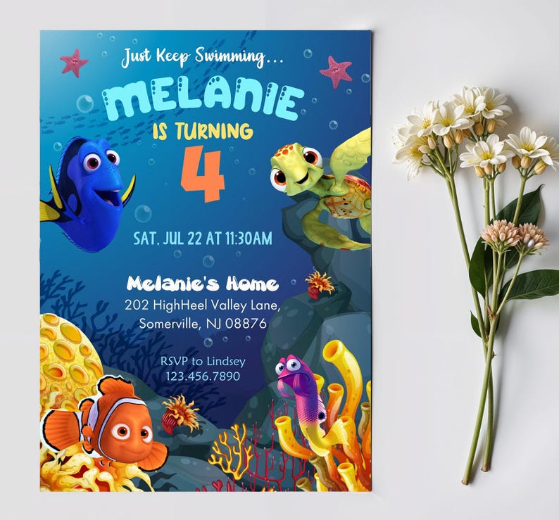 May include: A colorful invitation featuring characters from the movie "Finding Nemo." The invitation reads "Melanie is turning 4" with the date and time of the party. The design includes illustrations of fish, a sea turtle, and coral.