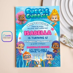 May include: A colorful invitation for a Bubble Guppies-themed birthday party. The invitation features cartoon characters, the text "Bubble Guppies", and the name "Isabella" in large pink letters. It includes the date, time, and location of the party.