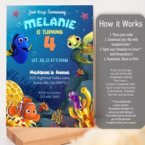 May include: A colorful invitation featuring animated sea creatures from the movie "Finding Nemo." The invitation includes the text "Just Keep Swimming... Melanie is Turning 4" and event details. The design is set against an underwater background.
