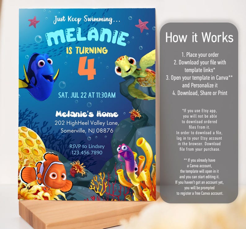 May include: A colorful invitation featuring animated sea creatures from the movie "Finding Nemo." The invitation includes the text "Just Keep Swimming... Melanie is Turning 4" and event details. The design is set against an underwater background.