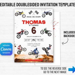 May include: A white, double-sided invitation template with a motocross theme. The front features illustrations of motorcycles, the name "Thomas", and the number "6". Includes the text "Race on Over!" and event details. The back side is included.