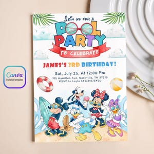 May include: A rectangular pool party invitation card featuring cartoon characters Mickey Mouse, Minnie Mouse, Donald Duck, Daisy Duck, and Goofy on a beach. The text reads Join us for a pool party to celebrate James's 3rd birthday on July 25.