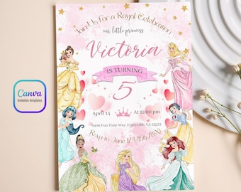 May include: A pink princess-themed birthday invitation with the name "Victoria" and the number "5". The invitation includes illustrations of princesses, hearts, and stars. The text reads "Join Us for a Royal Celebration".