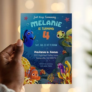May include: A colorful invitation card featuring characters from the movie "Finding Nemo." The card has a blue background with the text "Just Keep Swimming... MELANIE IS TURNING 4." It includes event details and RSVP information.