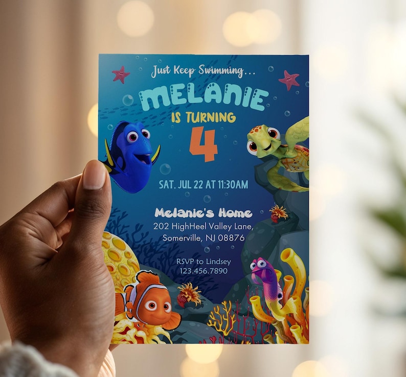 May include: A colorful invitation card featuring characters from the movie "Finding Nemo." The card has a blue background with the text "Just Keep Swimming... MELANIE IS TURNING 4." It includes event details and RSVP information.