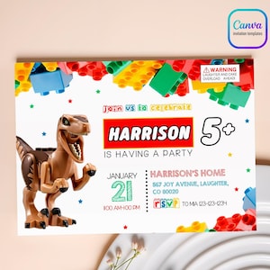 May include: A colourful invitation for a birthday party with a Lego theme. The invitation features a dinosaur toy, colourful Lego bricks, and the text "Join us to celebrate Harrison 5+ is having a party".