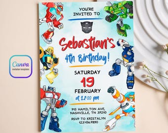 Invitación de cumpleaños imprimible, invitación de cumpleaños de los autobots, invitación editable de los rescue bots, descarga instantánea / fiesta de cumpleaños de transformers