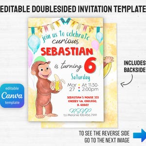 May include: A double-sided invitation template with the text "EDITABLE DOUBLESIDED INVITATION TEMPLATE". The invitation features a cartoon monkey holding a banana, balloons, and the text "join us to celebrate curious SEBASTIAN is turning 6".