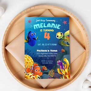 May include: A colorful birthday invitation featuring characters from the movie "Finding Nemo." The invitation is for a 4-year-old named Melanie. The invitation includes the date, time, and location of the party.