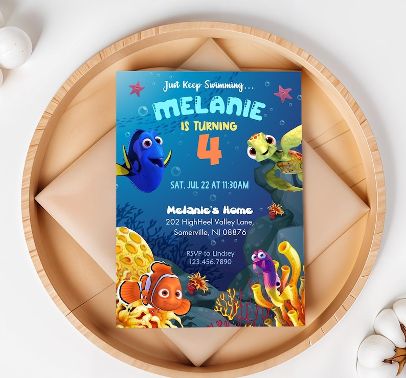 May include: A colorful birthday invitation featuring characters from the movie "Finding Nemo." The invitation is for a 4-year-old named Melanie. The invitation includes the date, time, and location of the party.