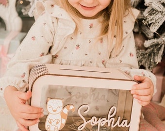 Hucha de madera, caja de ahorro para niños, regalos de Navidad personalizados para niños pequeños, alcancía con nombre, caja de madera para monedas, almacenamiento de dinero para niños