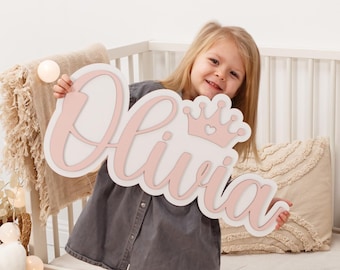Wall Decor Above Crib Pastel Pink Sign, Princess Nursery Wall Art for Toddlers, Custom Name Board