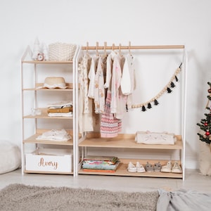 Set of Open Shelves:Clothing Rack & Nursery Storage,Toddler Toys Shelf, Montessori Wardrobe,Wooden Rack with Hangers for Kids,Kids Furniture