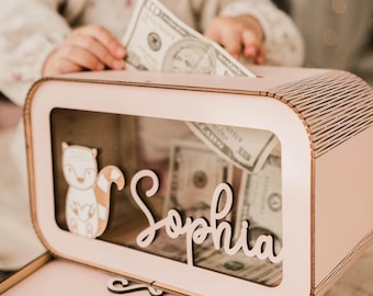 Alcancía personalizada para bebé, caja de madera para ahorrar dinero, regalo único para niños pequeños, alcancía personalizada, regalo de cumpleaños para niños, linda decoración de guardería con nombre