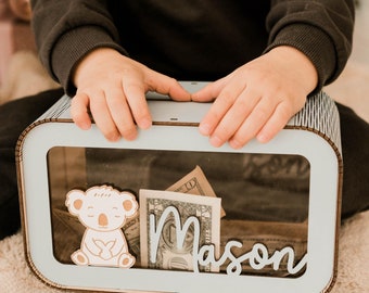 Alcancía para niños, alcancía para ahorrar dinero para niños pequeños, alcancía de madera personalizada con nombre, regalo para niños, alcancía personalizada para bebés