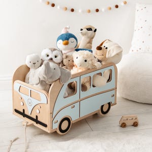 Caja de juguetes con ruedas para niños pequeños, caja de juguetes de madera, organizador de juguetes para guardería, decoración de habitación de bebé, autobús vintage, regalo de cumpleaños personalizado.