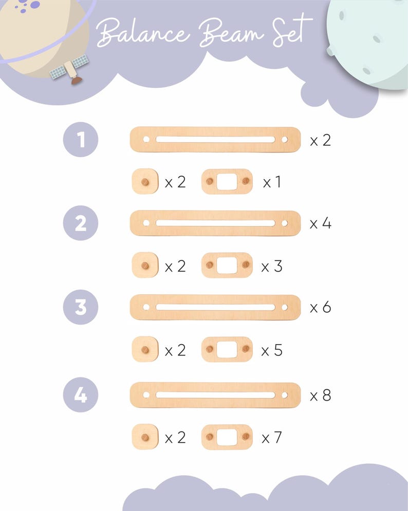 May include: A diagram of a Balance Beam Set, showing wooden beams and connectors. The set includes beams of different lengths and quantities, plus smaller connector pieces. The text "Balance Beam Set" is at the top of the image.