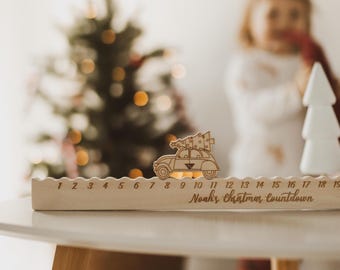 Personalized Christmas Advent Countdown with Car and Houses, Wooden Advent Festive for Kids