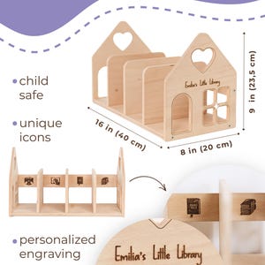 May include: A house-shaped wooden bookshelf with a heart-shaped cutout and the text "Emilia's Little Library." It measures 40 cm wide, 23.5 cm high, and 20 cm deep. Features include unique icons and personalized engraving. Child safe.