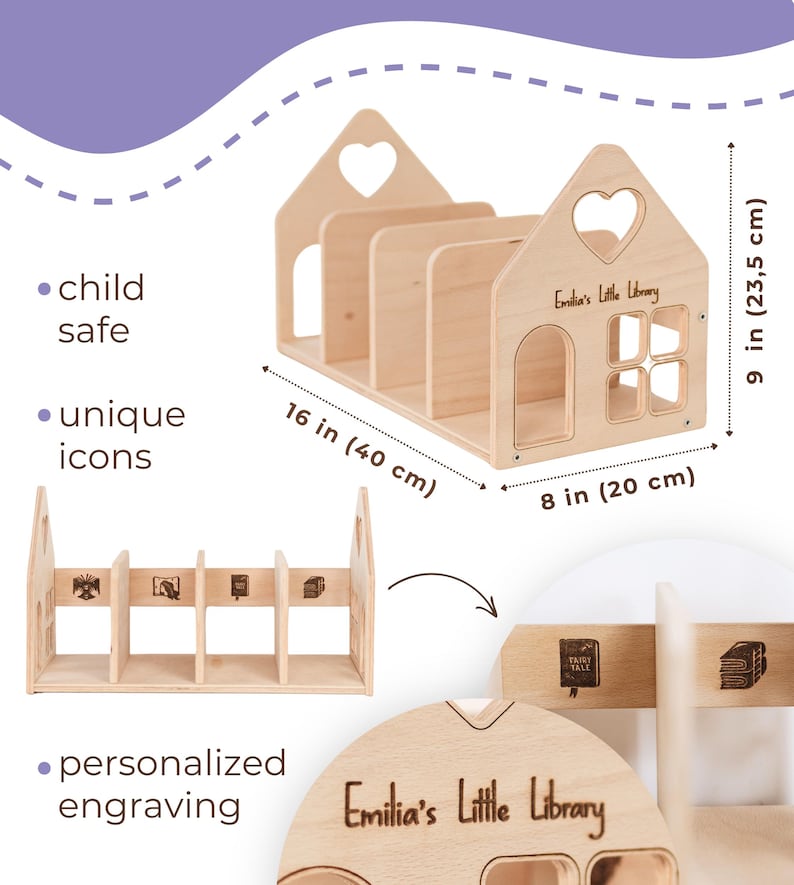 May include: A house-shaped wooden bookshelf with a heart-shaped cutout and the text "Emilia's Little Library." It measures 40 cm wide, 23.5 cm high, and 20 cm deep. Features include unique icons and personalized engraving. Child safe.