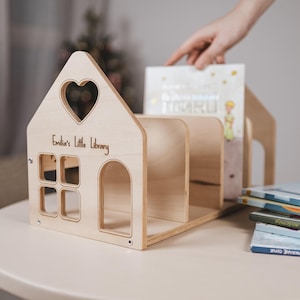 Table Top Bookshelf with Personalized Engraving, Kids Nursery Book Storage, Wooden Book Holder, Portable Display Bookcase, Toddler Library