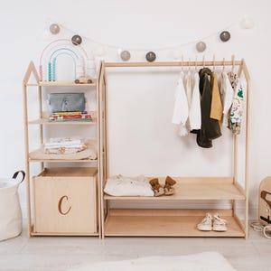 Children Wooden Wardrobe, Kids Clothing Rack, Toddler Wardrobe Clothing Storage, Kids Furniture Montessori