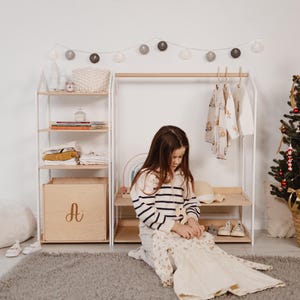 Custom Clothing Rack with Shelves and Hangers For Toddler, Wooden Wardrobe, Kids Clothes Nursery Storage, Dress Up Display Rack