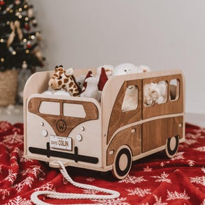 Wooden Toy Chest for Storage and Playroom Organization, Kids Room Toys Box Plushie Holder, Personalized Baby Storage Box, Push and Pull Bus