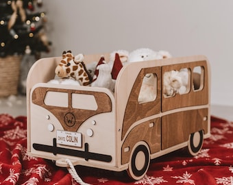 Personalized Wooden Toy Bus: Rolling Toy Chest, Playroom Storage