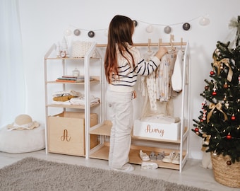 Child Clothing Rack with Shelves and Hangers Personalized, Wooden Wardrobe Baby Clothes Storage, Nursery Furniture Shelf, Room Organization